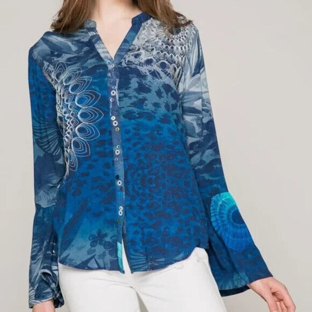 Desigual EUC Blue Embroidered Batinga Button Up Flutter Sleev Top Shirt Blouse M